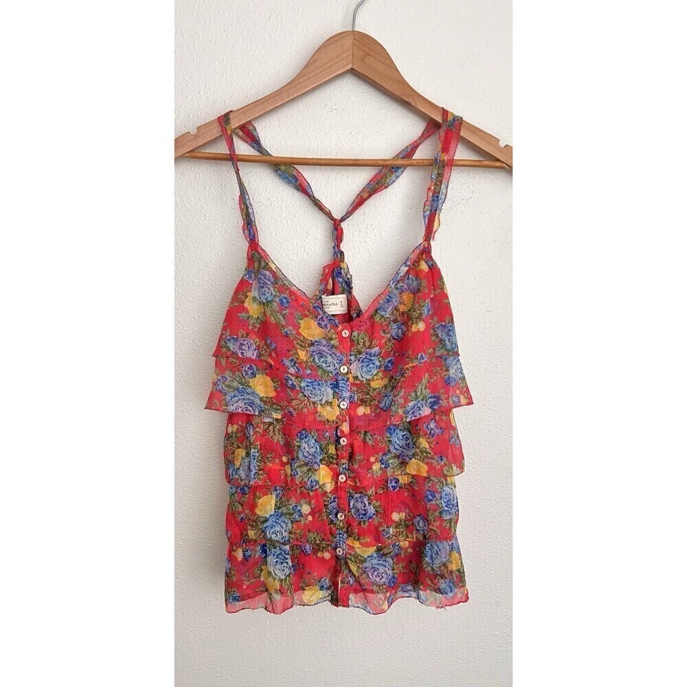 VTG Y2K Abercrombie & Fitch Red Floral Ruffle Sheer Cami Top Y2K Boho Festival